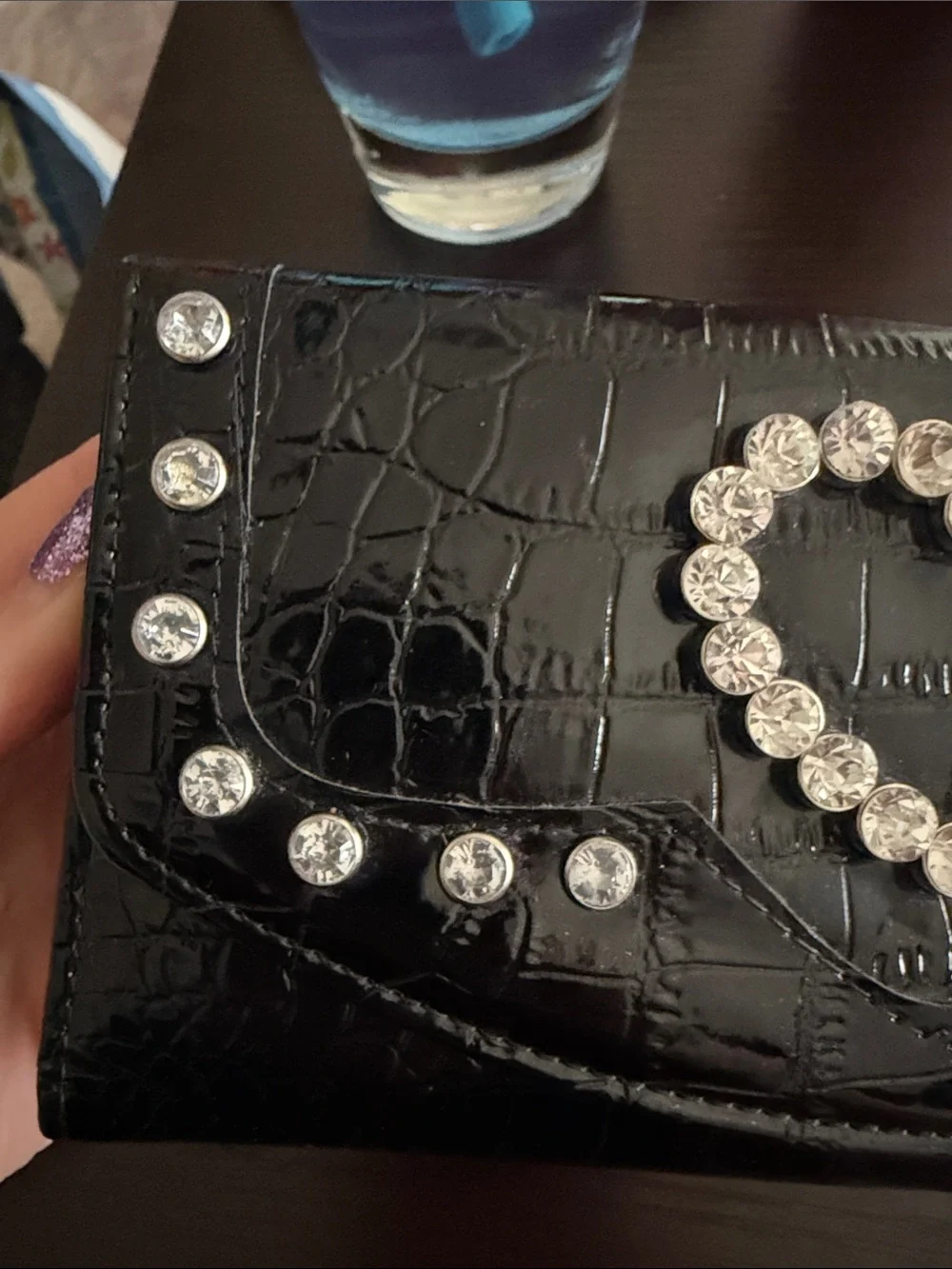 Black Faux Croc-Embossed Wallet Clutch with Crystal Heart Accent